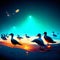 Seagulls on the beach at sunset. Blurred background. generative AI