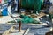 Seagulls eat fish on Board fishing vessel. Blanes