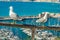 Seagulls with the fishing port in the background in Calpe, Spain