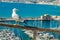 Seagulls with the fishing port in the background in Calpe, Spain