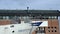 Seagulls flock covers metal handrails on large ship in port