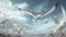 seagulls fly against the blue sky with clouds. Sea birds gracefully fly in the air.