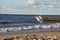 Seagulls fly on the shores of the Baltic Sea.