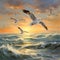 Seagulls flying over stormy sea, created with generative AI