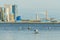 Seagulls resting on rocks at Kattegat sea in Halmstad industrial harbor