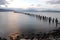 Seagulls standing on the wooden logs in the sea during the sunset. Old deck in Puerto Natales, Chile