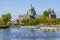 Seagulls swimming in Corrib river and Galway Cathedral