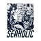 Seaholic. Vector hand drawn placard with inscription and illustration of diver, mermaid,mouth with fish, nautilus shell, cancer.