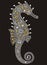 Seahorse from brilliant silver, gold stones on black background