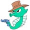 Seahorse cowboy in the role of sheriff carrying a gun, doodle icon image kawaii