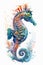 Seahorse painted with fantasy style watercolor. The image of sea creatures swimming underwater world.