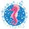 Seahorse, Scandinavian-style hippocampus, hand drawn, in water bulbs, pink and turquoise