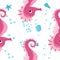 Seahorse, sea inhabitants seamless pattern, beautiful character among seashells, seaweed, starfish, marine