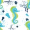 Seahorse, sea inhabitants seamless pattern, beautiful character among seashells, seaweed, starfish, marine