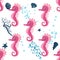 Seahorse, sea inhabitants seamless pattern, beautiful character among seashells, seaweed, starfish, marine