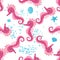 Seahorse, sea inhabitants seamless pattern, beautiful character among seashells, seaweed, starfish, marine