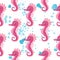 Seahorse, sea inhabitants seamless pattern, beautiful character among seashells, seaweed, starfish, marine