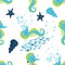 Seahorse, sea inhabitants seamless pattern, beautiful character among seashells, seaweed, starfish, marine