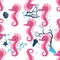 Seahorse, sea inhabitants seamless pattern, beautiful character among seashells, seaweed, starfish, marine