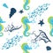 Seahorse, sea inhabitants seamless pattern, beautiful character among seashells, seaweed, starfish, marine