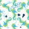 Seahorse, sea inhabitants seamless pattern, beautiful character among seashells, seaweed, starfish, marine