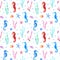 Seahorse, shell, starfish, coral and bubbles seamless pattern.