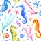 Seahorse, shell, starfish, coral and bubbles seamless pattern.