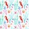 Seahorse, shell, starfish, seaweed, coral and bubbles seamless pattern.