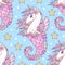 Seahorse unicorn seamless pattern. On a blue background. Vector