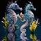 Seahorses, amazing cute fish of an unusual shape, among the algae in clear water