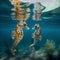 Seahorses, amazing cute fish of an unusual shape, among the algae in clear water close-up