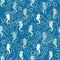 Seahorses monochromatic marine seamless vector pattern in blue colors.