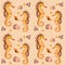 Seahorses and shellfish. Marine vector seamless pattern with seahorses and shells in sand - golden colors. Seamless background