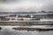 Seahouses Harbour in Northumberland with Bamburgh Castle