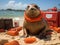 Seal lifeguard on beach with whistle