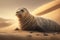 Seal lying on sand in desert. Climate change, global warming, environmental weather disaster concept
