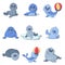 Seal pups cute character icons set, cartoon style