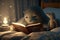 Seal reading a book in beed during christmas eve night cartoon illustration generative AI