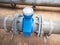 Sealed flow meter on pipes in the chemical industry. Distribution hub