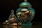 sealed glass jar with antique artifacts exposed