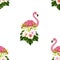 Sealess pattern with hand-drawn illustration of pink flamingo, hibiscus, palm tree, rose and green leaves. Tropical