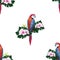 Sealess pattern with hand-drawn illustration of a sitting on a branch macaw parrot, hibiscus, palm tree, rose and green