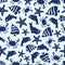 Sealife seamless pattern with fish, sea stars, crabs and dolphins