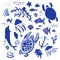 Sealife vector blue hand drawn stylized set