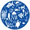 Sealife vector hand drawn stylized set in ring on blue background