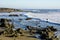 Seals napping at a distance on the rocky California Coast