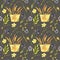 Seamlees pattern with wicker basket, with wheat, flax flowers, and wild herbs on taupe background.
