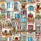 Seamles pattern with cute watercolor cartoon city houses. Intricate colorful texture design for gift wrap