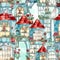 Seamles pattern with cute watercolor cartoon country houses. Whimsical colorful wallpaper, texture design for gift wrap