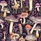 Seamles pattern with fairytale purple mushrooms. Whimsical background with toadstool mushrooms, texture design for gift wrap.